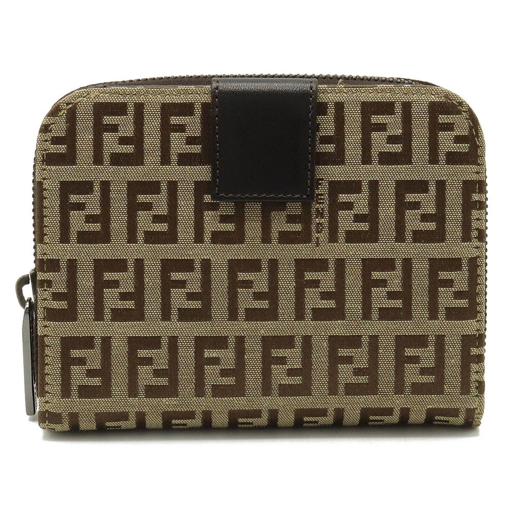 FENDI Zucchino Bifold Wallet Canvas Leather Beige Dark Brown 8M0018